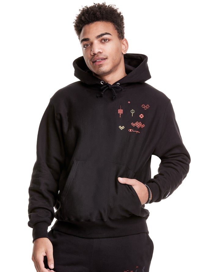 Champion Mens Hoodie NZ - Reverse Weave Lunar New Year Black ( 6753-PGHVN )